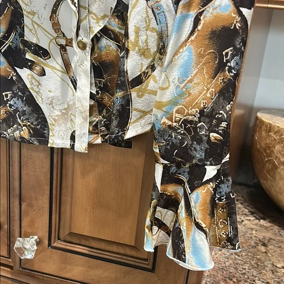 Escada Multicolor Abstract button down blouse with ruffle details. Size 44/L - Picture 7 of 10